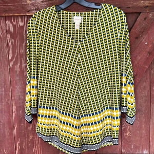 Chico’s blue/gold geometric print V neck bell sleeve flared stretch top. Small
